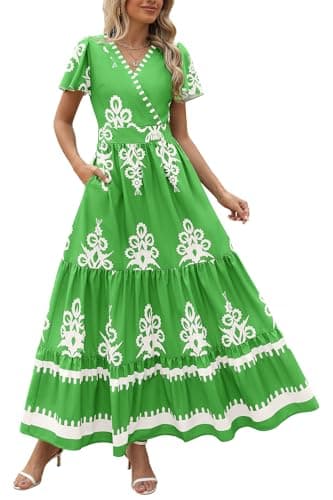 PRETTYGARDEN Womens 2025 Summer Casual V Neck Boho Maxi Dress Flowy Aline Bell Sleeve Tiered Floral Dresses with Pocket (Floral Green White,Small) - Image 1