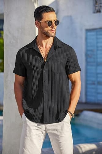 COOFANDY Men Short Sleeve Button Up Shirts Casual Linen Shirts for Men Summer Beach Shirt for Wedding Black - Image 3