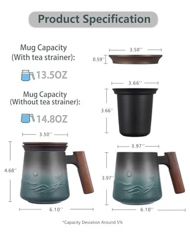 ZENS Embossed Ceramic Tea Mug with Infuser and Lid, 14.5 oz Wooden Handle, Loose Leaf Tea Steeper Cup & Strainer for Tea Lovers Gifts - Image 5