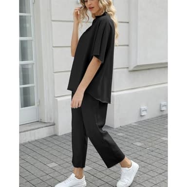 SeeLuNa Women's Two Piece Outfits 3/4 Batwing Sleeve Capelet Crew Neck Pullover Top Wide Leg Pants Lounge Set(Black,XL) - Image 3
