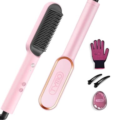 Hair Straightener Brush, TYMO Ring Hair Straightener Comb Straightening Brush for Women with 5 Temps 20s Fast Heating & Dual Voltage, Pink - Image 1