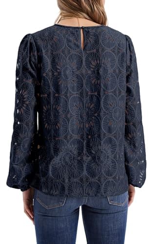 Boho Tops for Women Trendy Lace Crochet Early Fall Fashion Long Sleeeve Shirts Dressy Blouses Business Casual Outfits Travel Vacation Navy M - Image 3