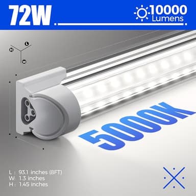 Barrina LED Shop Lights, 8FT 72W 10000LM 5000K, Daylight White, V Shape, Clear Cover, High Output, Linkable, T8 LED Tube Light, for Garage 8 Foot with Plug (Pack of 10) - Image 5