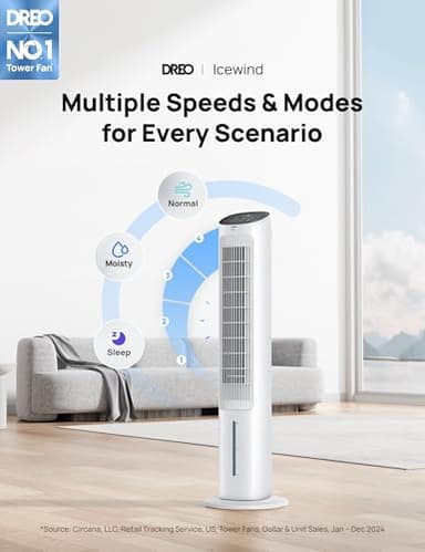 Dreo Evaporative Air Swamp Cooler, 40” Standing Fans that Blow Cold Air, 80° Oscillating Bladeless Cooling Fan for Bedroom, Removable Water Tank, Ice Packs, Remote Control, 4 Speeds, 7H Timer, White - Image 2