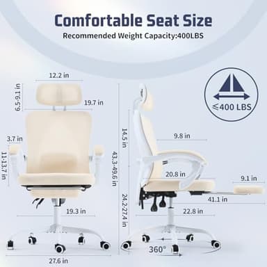 Ergonomic Office Chair with Retractable Footrest, 400LBS Capacity,Synchronized Armrest, Breathable Mesh, Adjustable Lumbar Support - Image 3