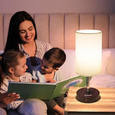 Small Bedside Table Lamp for Bedroom - 3 Way Dimmable Touch Lamp with USB Charging Station and AC Outlet, Wood Base & Fabric Linen Lampshade for Office, Living Room, Dorm, Brown-White, (LED Included) - Image 9