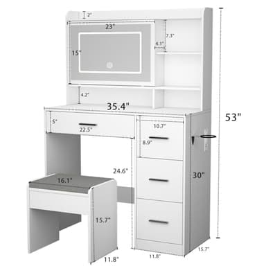 Viaozutis Vanity Desk with a Mirror and Lights，with Chair and Four Drawers, Three Adjustable Lighting Modes，with Power Outlet and Sliding LED Mirror,Bedroom Vanity Desk (White) - Image 2