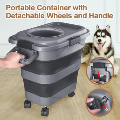 Dog Food Storage Container, 10-20 lbs Airtight Collapsible Cat Food Storage Container with Attachable Wheels, Portable Handle, Dog Food Scoop for Dog Cat Bird Pet Dry Food Storage Bin Dark Grey - Image 3