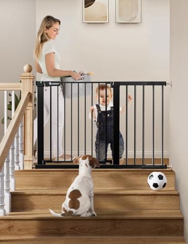 COMOMY 30" Tall Baby Gate for Stairs Doorways, Fits Openings 29.5" to 46" Wide, Auto Close Extra Wide Dog Gate for House, Pressure Mounted Easy Walk Through Pet Gate with Door, Black - Image 1