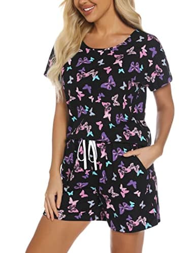 ENJOYNIGHT Womens Pajama Shorts Sets Cotton Pjs Summer Cute Sleepwear with Pockets (Large, Black Flying) - Image 3