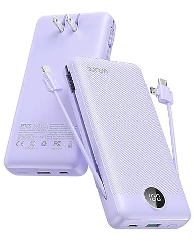 VRURC Portable Charger 20000mAh, Fast Charging Power Bank USB C,4 Output 2 Input Travel Essentials Charging Bank Equipped with LED Display,Built-in Wall Plug and Cables,Phone Charger Battery,Purple - Image 1