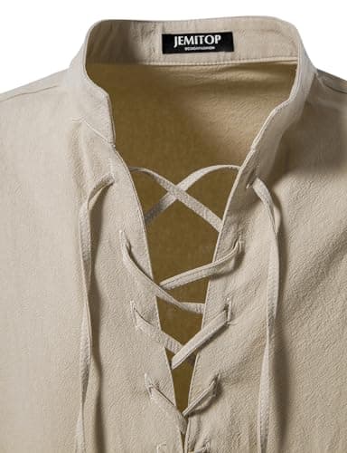 JEMITOP Men's Vintage Renaissance Costume Long Sleeve Lace Up Shirts for Pirate Viking Medieval Vampire Halloween Cosplay Clothing Khaki M - Image 4
