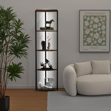ZOUTOG 5 Tier Corner Shelf with LED Light, 62 Inch Tall Standing Narrow Bookshelf for Small Space with Storage Rack, Wooden Plant Corner Display Shelf with Metal Frame for Bedroom, Living Room - Image 6