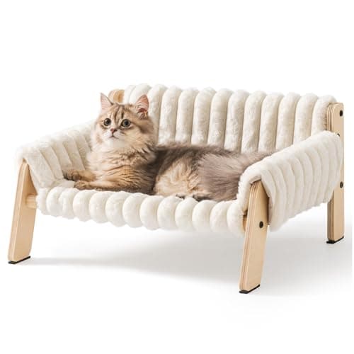 MEWOOFUN Cat Couch Bed, Pet Sofa for Indoor Cats Wooden Indoor Elevated Cat Beds with Removable Mattress Cover Suitable for Kitty, Puppy or Small Animal (Cream, Medium) - Image 1