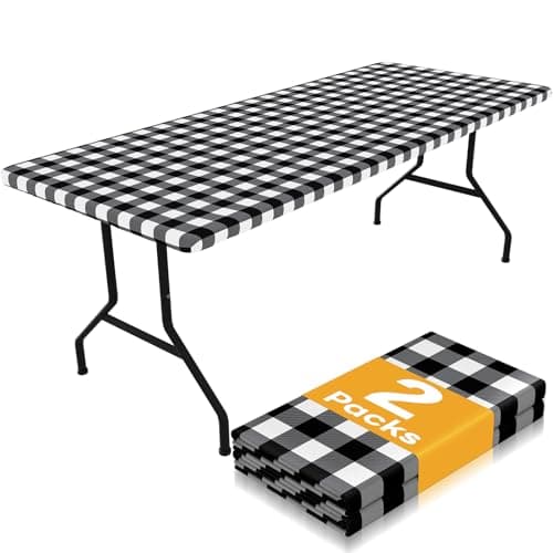 Smiry Picnic Table Cloth 2 Pack, Waterproof Elastic Fitted Tablecloths for 6FT Rectangle Tables, Washable Polyester Buffalo Plaid Tablecloth for Camping, Dining & Outdoor (Black & White, 30" x 72") - Image 1
