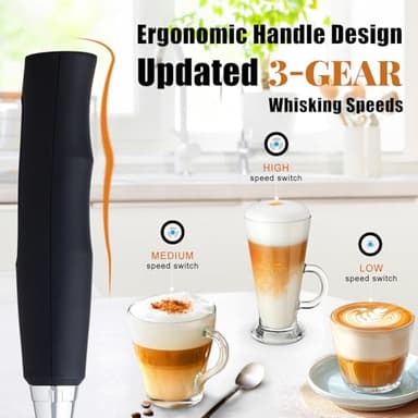 Nahida Black Milk Frother Wand for Coffee, Frother Handheld Rechargeable Electric Whisk Drink Mixer with 3 Heads 3 Speeds Coffee Frother Electric Stirrer For Latte, Cappuccino, Hot Chocolate - Image 3