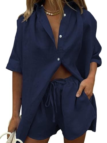 Fixmatti Linen Sets For Women 2 Piece Casual Short Sleeve Sweatsuit Outfit Shirt And High Waisted Shorts Set Navy XL - Image 1