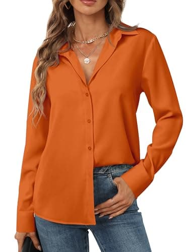 Orange Shirt Womens Button up Shirts Chiffon Blouses for Women Wrinkle Free Ladies Professional Interview Outfit Work wear Womans Trendy Clothing Women's Fall Polyester Clothes Burnt Orange Size M - Image 3