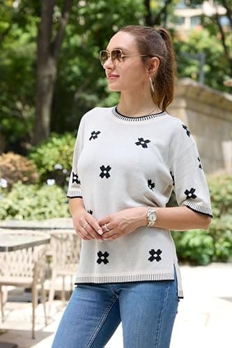 Zeagoo Sweater for Women Floral Print Summer Short Sleeve Shirts Pink Tunic Tops Color Block Comfy Loose Tops Going Out Blouses - Image 3