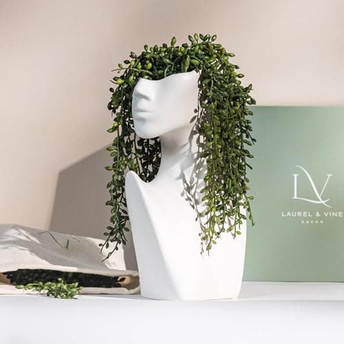 Face Vase with Faux String of Pearls Plant Gift Set, Head Vase Includes 4 Hanging Succulents Draping Greenery Branches for Centerpiece Table Decorations Table Office Shelf Living Room Decor - Image 1
