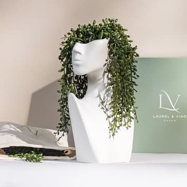 Face Vase with Faux String of Pearls Plant Gift Set, Head Vase Includes 4 Hanging Succulents Draping Greenery Branches for Centerpiece Table Decorations Table Office Shelf Living Room Decor - Image 1