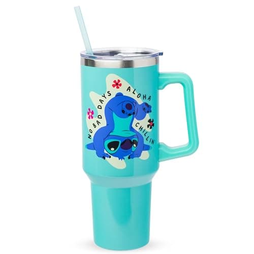 Silver Buffalo Disney Lilo and Stitch Aloha No Bad Days Chillin’ Stainless Steel Tumbler with Handle and Straw, Fits in Standard Cup Holder, 40 Ounces - Image 1