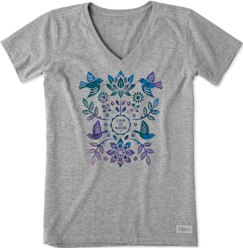 Life is Good Women's Folk Art Garden Tie Dye Short Sleeve Crusher Vee (X-Large, Heather Gray) - Image 1
