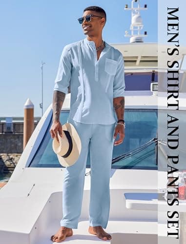 COOFANDY Men 2 Piece Linen Outfit Casual Button Down Henley Shirts Beach Yoga Pants Sets Guayabera Linen Suit - Image 3