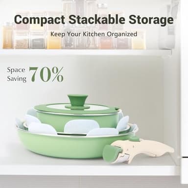 M MELENTA Pots and Pans Set Non Stick, 16pcs Induction Cookware with Detachable Handle, Space Saving Stackable Pot Set, Non Toxic Granite Kitchen Cooking Set, Oven Safe, Sage Green - Image 3