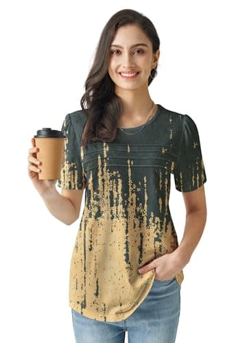 Women's Cute Spring Summer Tops Casual Trendy 2025 Short Puff Sleeve Shirts for Women Floral Apricot L - Image 2