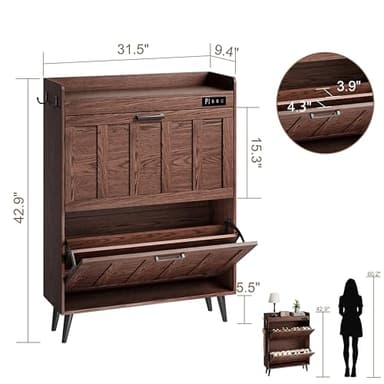 ChooChoo Shoe Storage Cabinet with 2 Flip Drawers, Deodorizing Shoe Organizer Storage for Entryway, Freestanding Hidden Slim Narrow Shoe Rack Cabinet, Walnut - Image 2