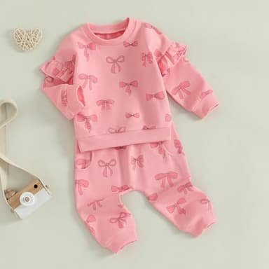MERSARIPHY Toddler Baby Girl Outfits Cute 3D Flower Long Sleeve Sweatshirt Tops Pants Set 2Pcs Floral Fall Winter Clothes (Pink Bow-5, 0-6 Months) - Image 2