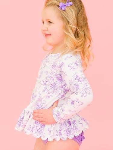 RuffleButts Baby/Toddler Girls Scalloped Long Sleeve Rash Guard 2-Piece UPF50+ Sun Protected Swimsuit - Wisteria Purple Butterfly Garden Toile, 12-18m - Image 3