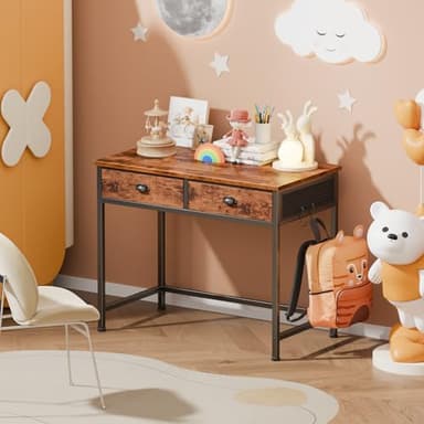 Furologee Small Computer Desk with 2 Fabric Drawers for Bedroom,34 Inch Home Office Writing Desk, Vanity Desk with Hooks, Simple Study Desk for Small Spaces, Makeup Dressing Table, Rustic Brown - Image 7