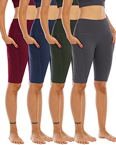 WHOUARE 4 Pack Biker Yoga Shorts with Pockets for Women,High Waisted Athletic Running Workout Gym Shorts Tummy Control,Army Green,Navy,Dark Gray,Burgundy,M - Image 1
