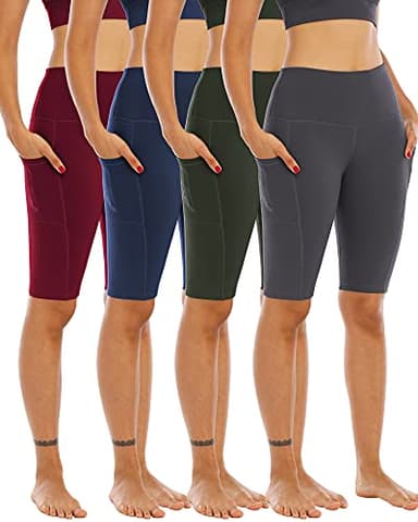 WHOUARE 4 Pack Biker Yoga Shorts with Pockets for Women,High Waisted Athletic Running Workout Gym Shorts Tummy Control,Army Green,Navy,Dark Gray,Burgundy,M - Image 1