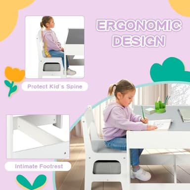Kinder King Kids Wood Table & 2 Chairs Set, 3 in 1 Children Activity Table w/Storage, Removable Tabletop, Blackboard, 3-Piece Toddler Furniture Set for Art, Crafts, Drawing, Reading, Playroom, Grey - Image 4