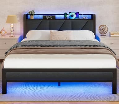 Furnulem Full Bed Frame with LED Lights,Headboard with Charging Station and USB Port,Upholstered Platform Bedframe Metal Support,No Box Spring Needed - Image 1