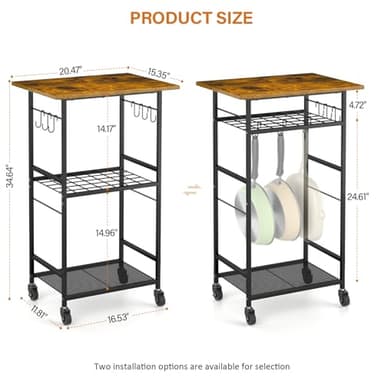 ThreeHio Rolling Kitchen Microwave Cart, 3 Tier Microwave Table Stand with Adjustable Shelf, Kitchen Storage Rack on Wheels, Coffee Station Cart Rack Shelf Organizer for Living Room Office, Balcony - Image 3