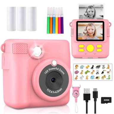 Radekly Instant Print Camera for Kids,Christmas Birthday Gifts for Age 3-12 Girls Boys，1080P HD Digital Video Cameras for Toddler,Kids Portable Toy with 3 Rolls Photo Paper，32GB Card-Pink - Image 1