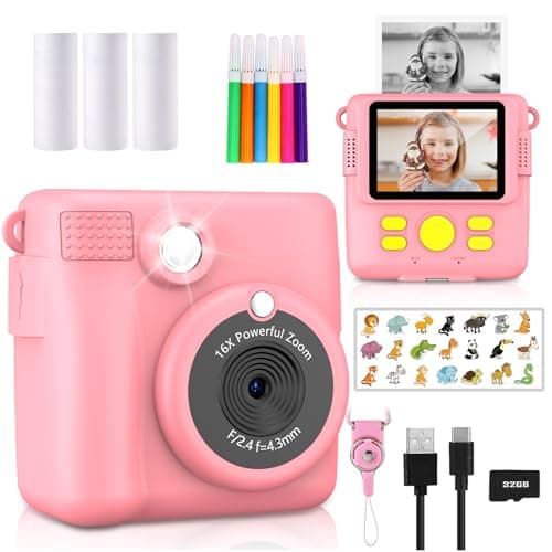 Radekly Instant Print Camera for Kids,Christmas Birthday Gifts for Age 3-12 Girls Boys，1080P HD Digital Video Cameras for Toddler,Kids Portable Toy with 3 Rolls Photo Paper，32GB Card-Pink