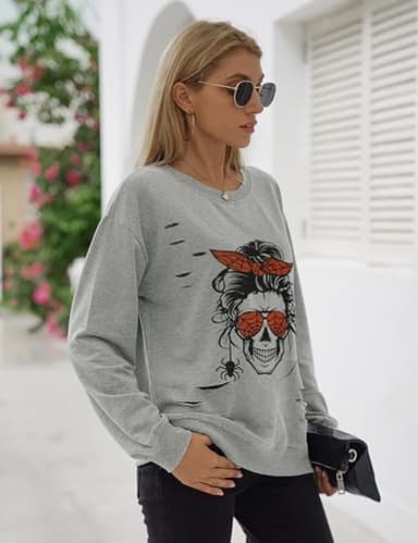 Blooming Jelly Women's Halloween Sweatshirts Skull Graphic T Shirts Long Sleeve Pullover Gothic Fall Trendy Outfits 2024 (Large, Gray-Spider) - Image 4
