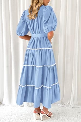 PRETTYGARDEN Women's Summer Button Down Shirt Dress Short Puffy Sleeve Tiered Ruffle Flowy Long Maxi Dresses (Light Blue,Medium) - Image 2