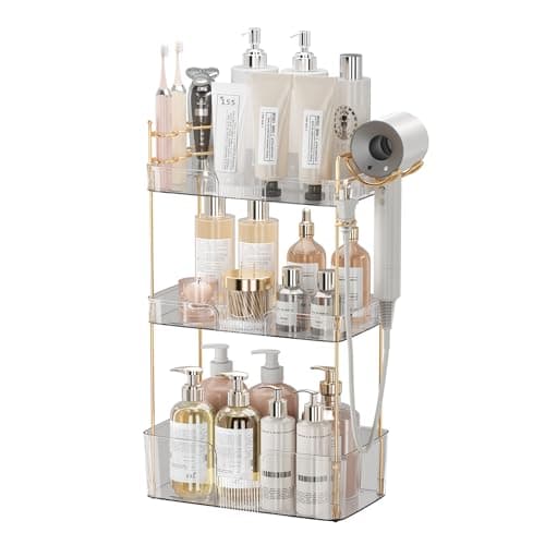 shuang qing Bathroom Counter Organizer with Hair Dryer Holder, Hair Tool Countertop Storage, Cosmetics Skincare Shelf Organizer, Makeup Organizer Perfume for Dresser Vanity Tray(3 Tier-White) - Image 1