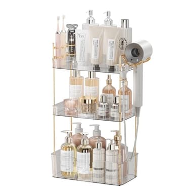 shuang qing Bathroom Counter Organizer with Hair Dryer Holder, Hair Tool Countertop Storage, Cosmetics Skincare Shelf Organizer, Makeup Organizer Perfume for Dresser Vanity Tray(3 Tier-White) - Image 1
