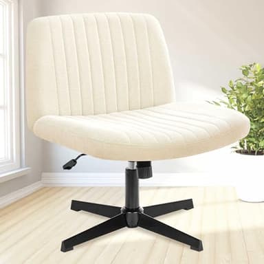 NEO CHAIR Criss Cross Chair No Wheels Armless Cross Legged Office Desk Wide Comfy Vanity Makeup Chair Adjustable Computer Task for Home Office Fabric (Beige) - Image 1
