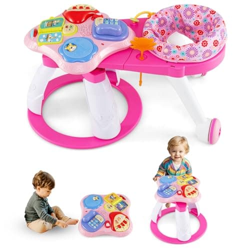 INFANS 3 in 1 Walk Around Baby Activity Center, Baby Walker with Play Table, Wheels, Detachable Seat Cushion, 3 Adjustable Heights, Learning Toys for Boys Girls Aged 6-36 Months (Pink) - Image 1