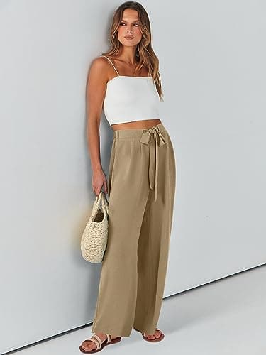 Caracilia Women Wide Leg Palazzo Pants Summer High Waist Flowy Casual Trousers Loose Lounge Beach Travel Vacation Clothes Khaki XX-Large - Image 8