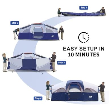 CAMPROS Tent-8-Person-Camping-Tents, Waterproof Windproof Family Tent, 5 Large Mesh Windows, Double Layer, Divided Curtain for Separated Room, Portable with Carry Bag - Blue - Image 2