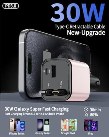 Retractable Car Charger Adapter for iPhone 17,4 in 1 Fast Charging Car Phone Charger,69W USB C Car Truck Accessories,Road Trip Essentials Gift for Men Women for iPhone 17 Pro Max/16/15/14/13/12,Galaxy - Image 6